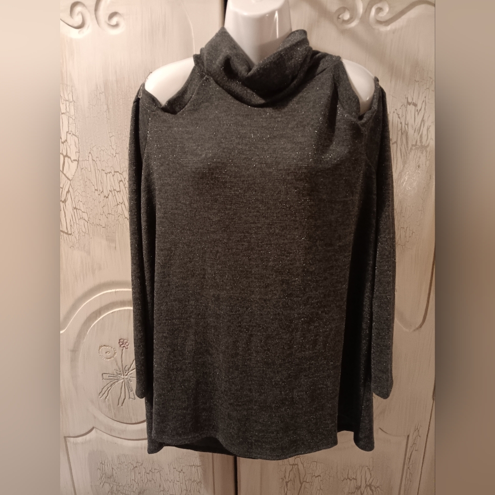 Sparkly Turtleneck Open Shoulder Top